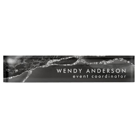 Elegant Waterverf Black Silver Glitter Agate Naambordje (Voorkant)