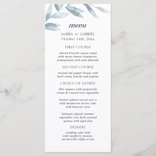 Elegant waterverf blad bruiloft Menu Kaart (Voorkant)