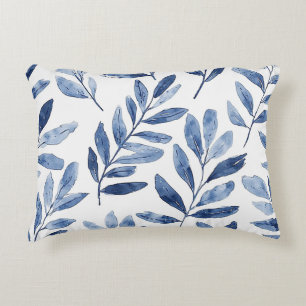 Elegant Waterverf Bladeren Patroon Indigo Blauw Accent Kussen