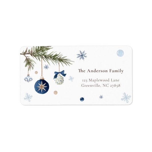 Elegant Waterverf Blauw Wit Kerstversiering Etiket (Voorkant)