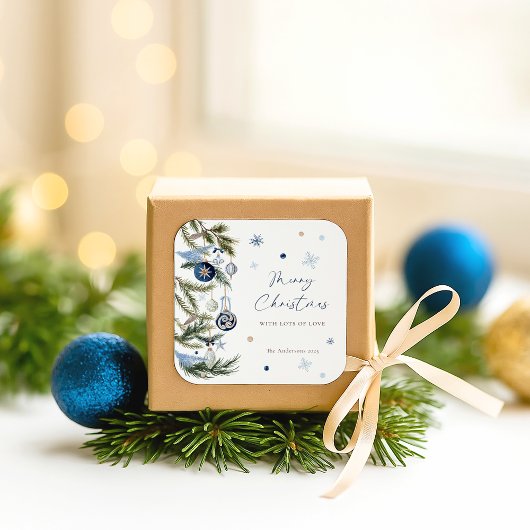 Elegant Waterverf Blauw Wit Kerstversiering Vierkante Sticker