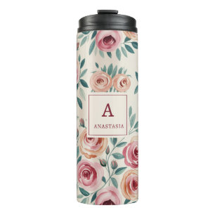 Elegant Waterverf  bloemenmonogram Thermosbeker