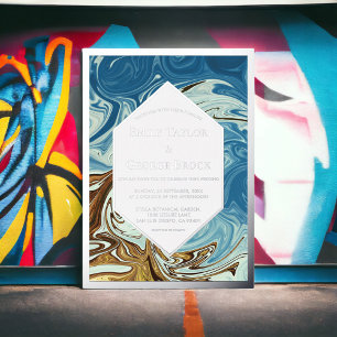 Elegant Waterverf Blue Abstract Wedding Silver Folie Uitnodiging