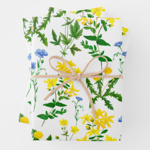 Elegant Waterverf Blue en Yellow Wildbloemen Inpakpapier Vel
