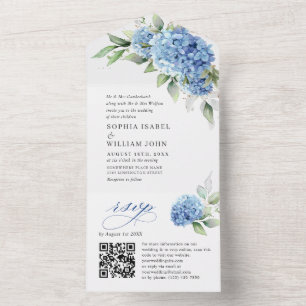 Elegant Waterverf Blue Hydrangea Floral Wedding All In One Uitnodiging
