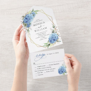 Elegant Waterverf Blue Hydrangea Floral Wedding All In One Uitnodiging