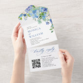 Elegant Waterverf Blue Hydrangea Floral Wedding All In One Uitnodiging (Afscheurbaar)