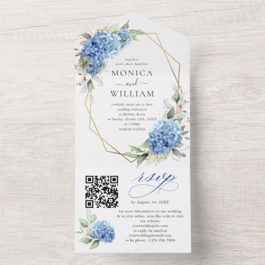 Elegant Waterverf Blue Hydrangea Floral Wedding All In One Uitnodiging (Binnen)