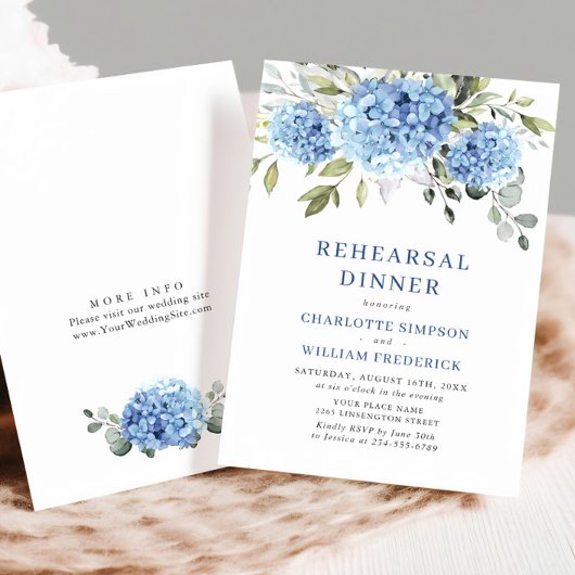 Elegant Waterverf Blue Hydrangea Rehearsal Dinner Kaart