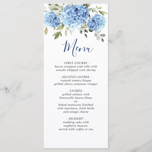 Elegant Waterverf Blue Hydrangea Wedding Menu (Voorkant)