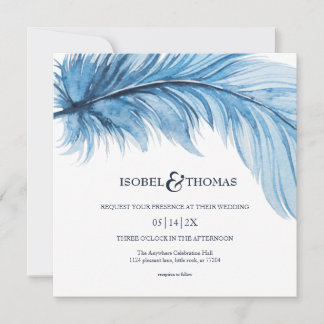 Elegant Waterverf Blue Navy Feather Wedding Kaart