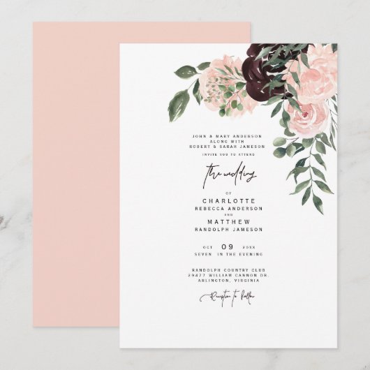 Elegant Waterverf Blush & Wine Floral Wedding Kaart (Voorkant / Achterkant)