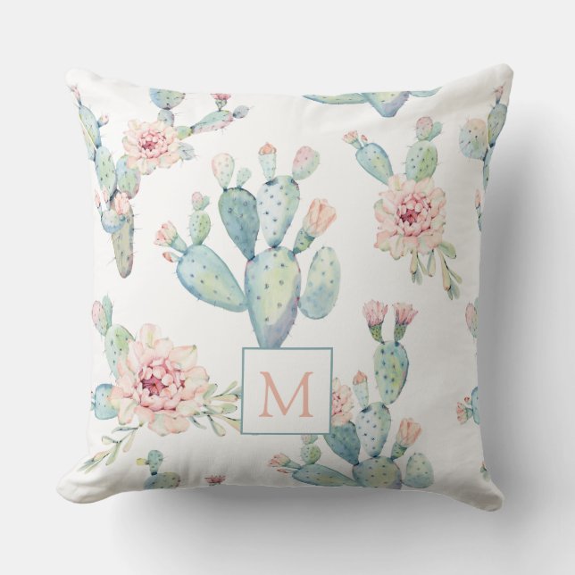 Elegant Waterverf Boho Cactus Patroonmonogram Kussen (Voorkant)