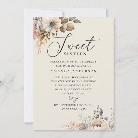 Elegant waterverf boho floral zoete 16 verjaardag kaart (Voorkant)