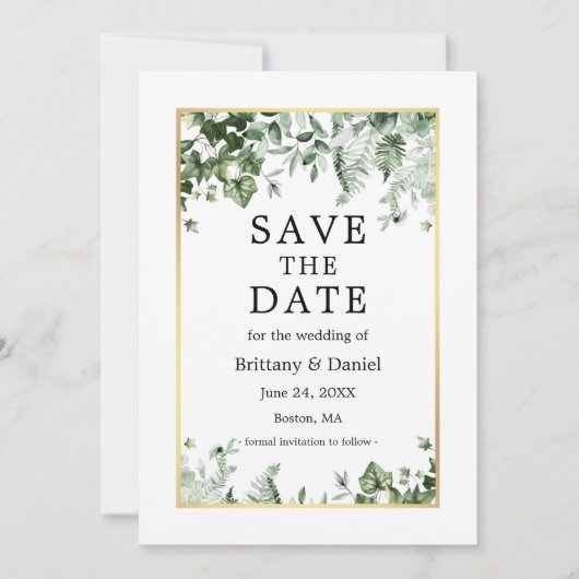 Elegant Waterverf Botanical Ivy Greenery Gold Save The Date (Voorkant)