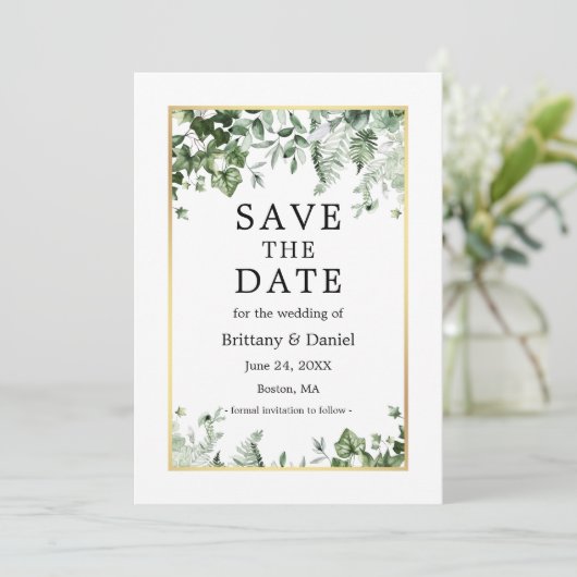 Elegant Waterverf Botanical Ivy Greenery Gold Save The Date (Staand voorkant)