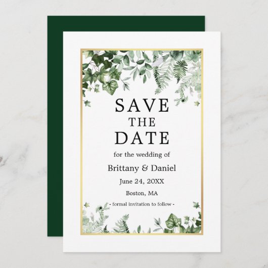 Elegant Waterverf Botanical Ivy Greenery Gold Save The Date (Voorkant / Achterkant)