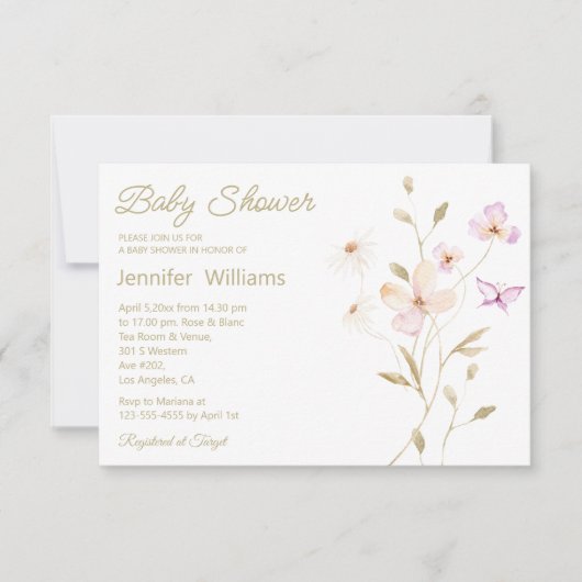 Elegant waterverf bruin roze bloemig baby shower kaart (Voorkant)