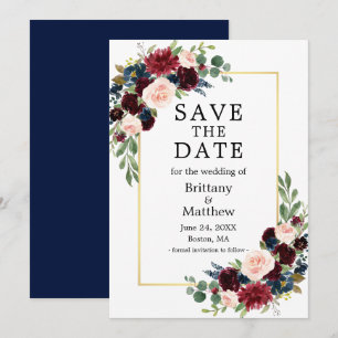 Elegant Waterverf Burgundy Floral Blue Gold Lijst Save The Date