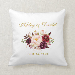 Elegant Waterverf Burgundy Floral Gold Wedding Kussen