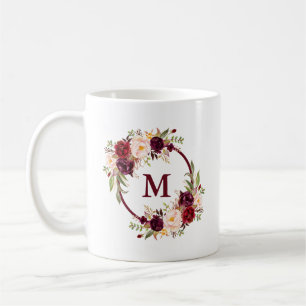 Elegant Waterverf Burgundy Floral Monogram Koffiemok