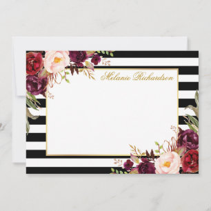 Elegant Waterverf Burgundy Floral Striped Notitiekaartje