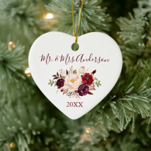 Elegant Waterverf Burgundy Floral Wedding Heart Keramisch Ornament