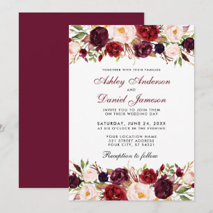 Elegant Waterverf Burgundy Floral Wedding Kaart