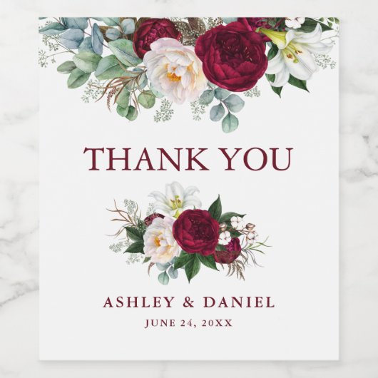 Elegant Waterverf Burgundy Floral Wedding Wijn Etiket (Enkel label)