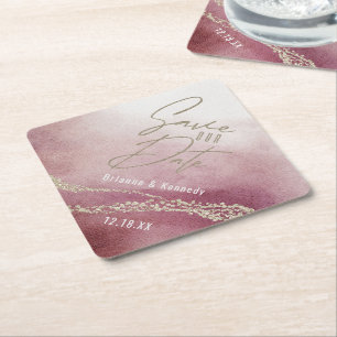 Elegant Waterverf Burgundy & Gold Save the Date Kartonnen Onderzetters