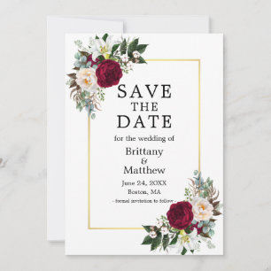 Elegant Waterverf Burgundy White Floral Gold Save The Date