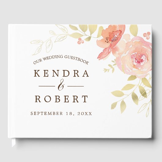 Elegant Waterverf Coral Pink Rose & Gold Wedding Gastenboek (Voorkant)