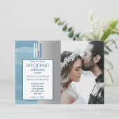 Elegant Waterverf Dusty Blue Silver Wedding Foto Kaart (Staand voorkant)