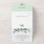 Elegant Waterverf Eucalyptus Blue Rozen Weddenscha All In One Uitnodiging (Buitenkant)