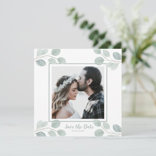 Elegant Waterverf Eucalyptus Branch Save the Date Kaart (Staand voorkant)