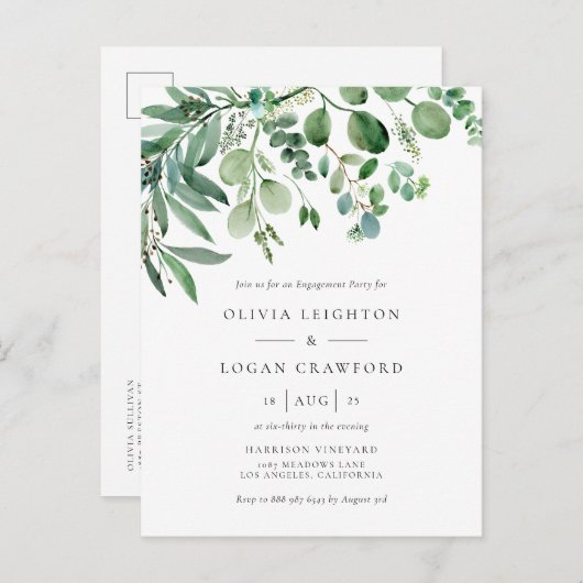 Elegant Waterverf Eucalyptus Engagement Party Uitnodiging Briefkaart (Voorkant / Achterkant)