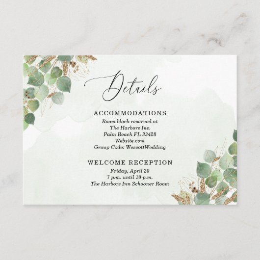 Elegant Waterverf Eucalyptus Greenery Gold Accent Informatiekaartje (Voorkant)