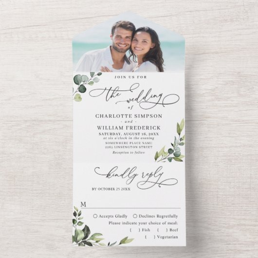 Elegant Waterverf Eucalyptus Greenery Wedding All In One Uitnodiging (Binnen)