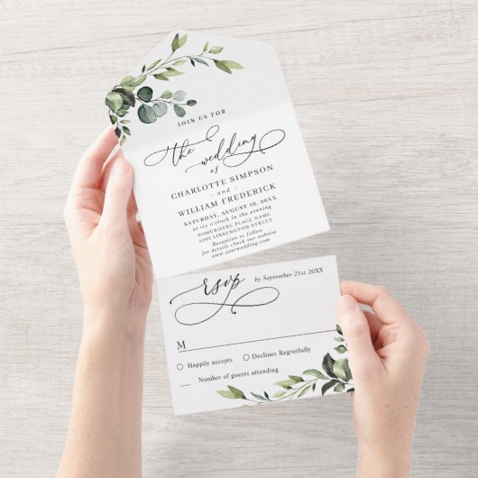 Elegant Waterverf Eucalyptus Greenery Wedding All In One Uitnodiging (Afscheurbaar)