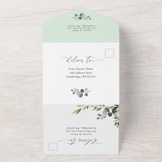Elegant Waterverf Eucalyptus Greenery Wedding All In One Uitnodiging (Buitenkant)