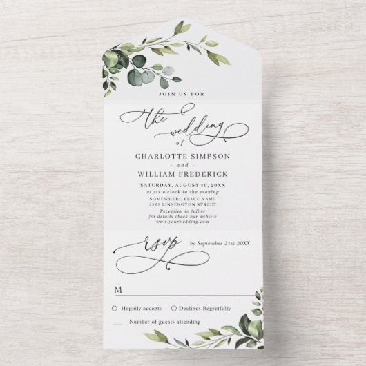Elegant Waterverf Eucalyptus Greenery Wedding All In One Uitnodiging (Binnen)
