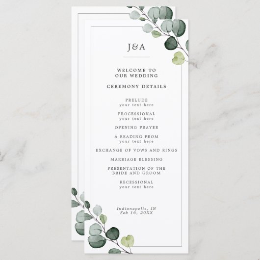 Elegant Waterverf Eucalyptus Greenery Wedding Programma (Voorkant / Achterkant)