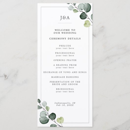 Elegant Waterverf Eucalyptus Greenery Wedding Programma (Voorkant)