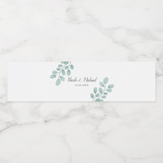 Elegant Waterverf Eucalyptus Persoonlijk huwelijk Waterfles Etiket (Enkel label)