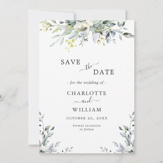 Elegant Waterverf Eucalyptus PHOTO Weddenschap Save The Date (Achterkant)