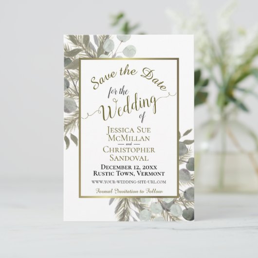 Elegant Waterverf Eucalyptus & Pine Wedding Save The Date (Staand voorkant)