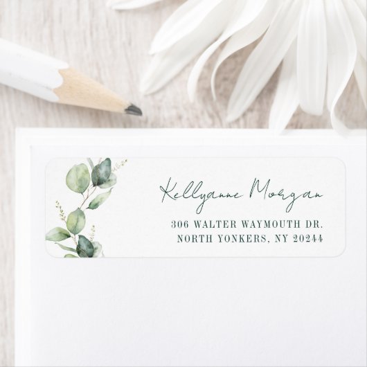 Elegant Waterverf Eucalyptus Retouradres Script Etiket (Insitu)