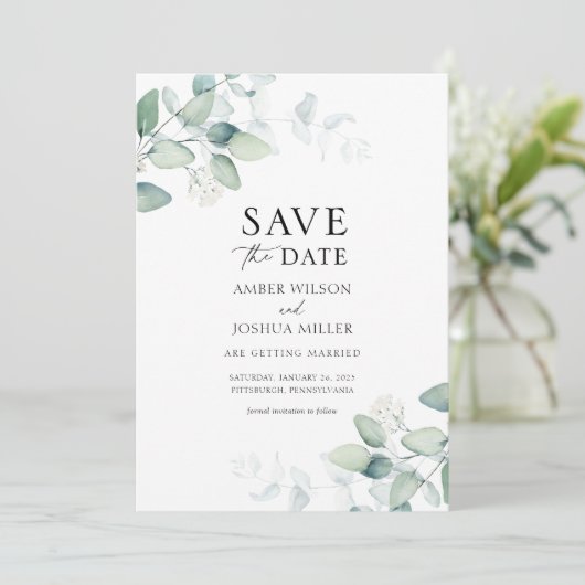 Elegant Waterverf Eucalyptus Save the Date Kaart (Staand voorkant)