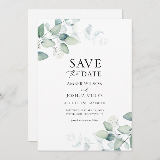 Elegant Waterverf Eucalyptus Save the Date Kaart (Voorkant / Achterkant)