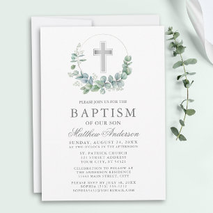 Elegant Waterverf Eucalyptus Silver Baptisme Kaart